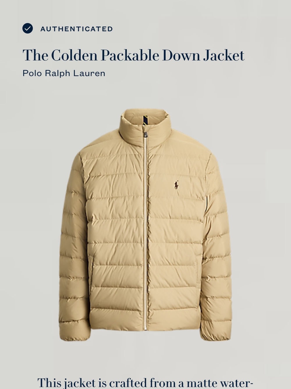 Polo Ralph Lauren Colden Packable full zip up Down Puffer Jacket Mens XXL Tan